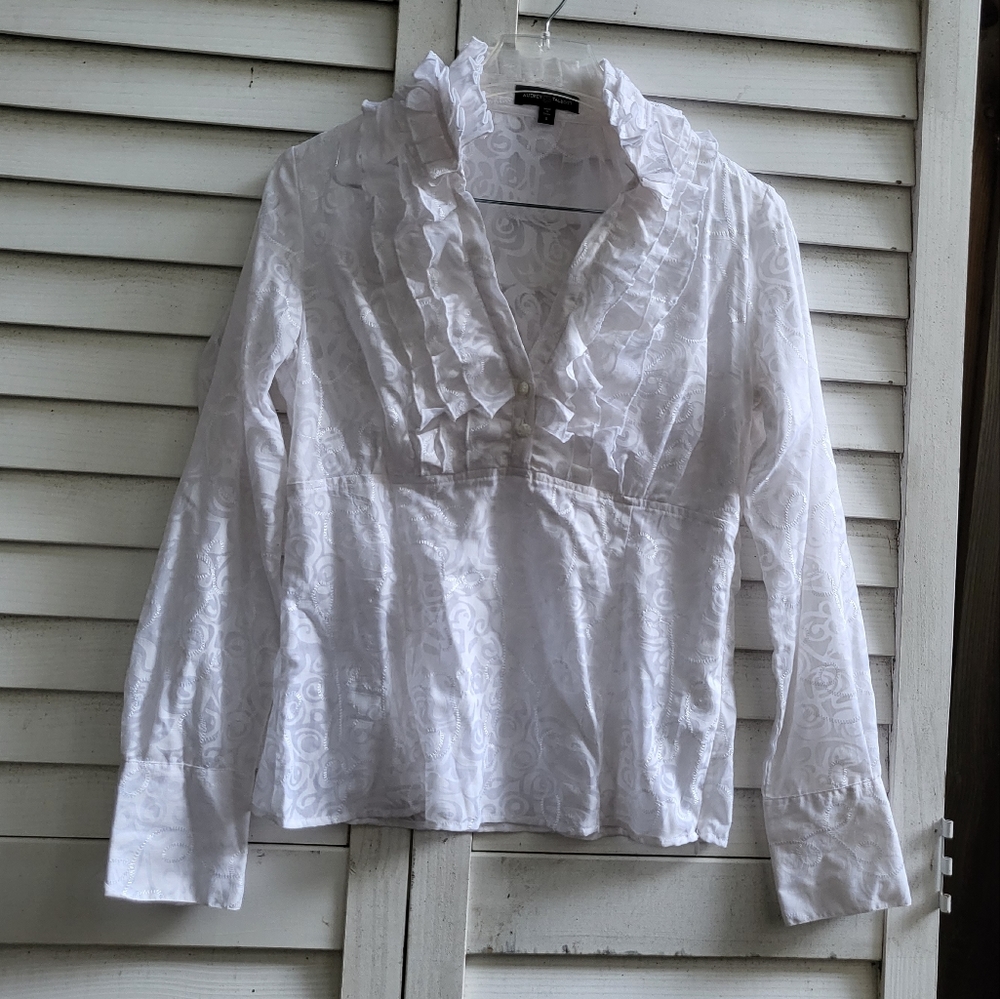 Audrey Talbott white ruffle blouse floral damask